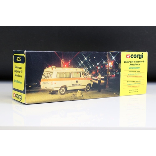 1002 - Four boxed Corgi emergency service diecast model sets to include 405 Chevrolet Superior 61 Ambulance... 