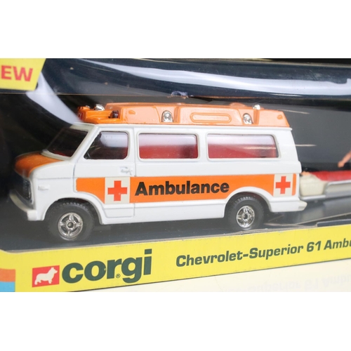 1002 - Four boxed Corgi emergency service diecast model sets to include 405 Chevrolet Superior 61 Ambulance... 