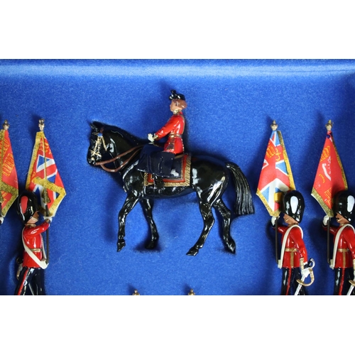 144 - Boxed ltd edn Britains Trooping the Colour metal figure set featuring HM The Queen (mounted) and foo... 