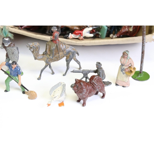 159 - Around 90 mid 20th C play worn metal figures to include Britains and Timpo Toys, featuring mounted N... 