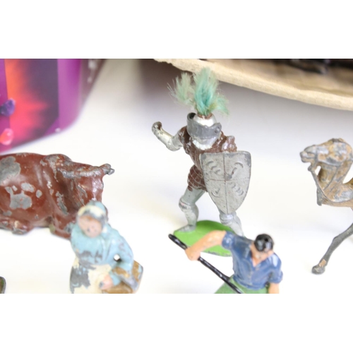 159 - Around 90 mid 20th C play worn metal figures to include Britains and Timpo Toys, featuring mounted N... 