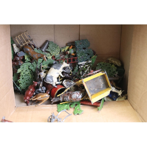 162A - Around 100 mid 20th C play worn farming related metal figures & scenery accessories, to include Brit... 