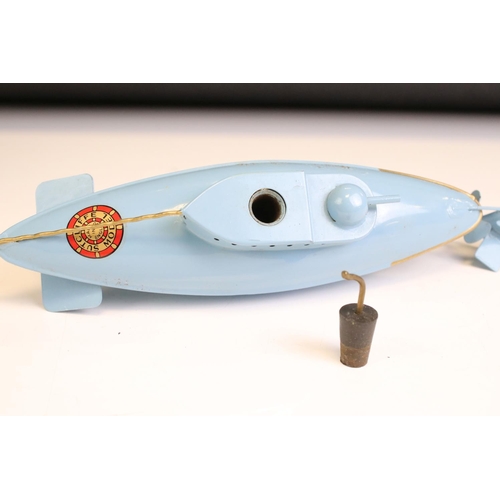 1301A - Boxed Sutcliffe Model tinplate Unda Wunda clockwork diving submarine in pale blue, with key (an area... 