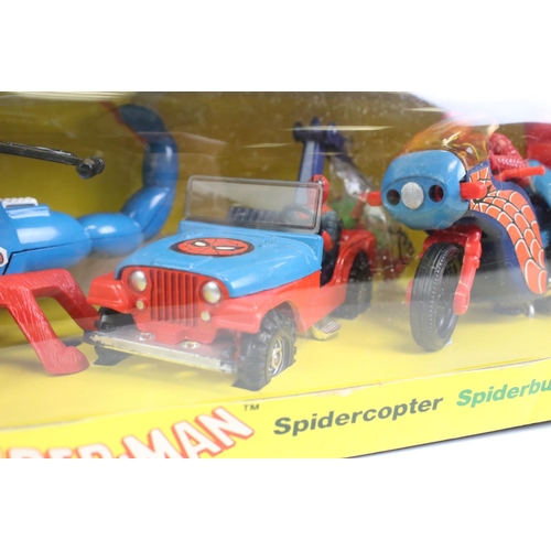 1387 - Boxed Corgi 23 Spiderman diecast model set complete with Spidercopter, Spiderbuggy and Spiderbike, d... 