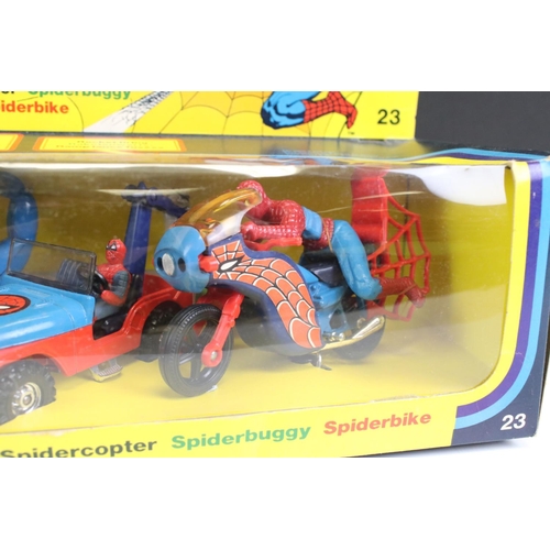 1387 - Boxed Corgi 23 Spiderman diecast model set complete with Spidercopter, Spiderbuggy and Spiderbike, d... 