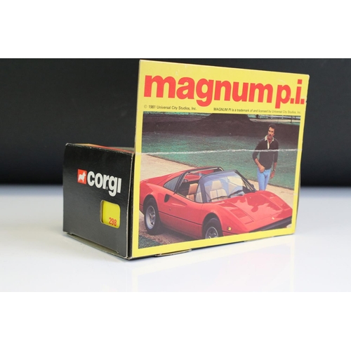 1394 - Boxed Corgi 298 Magnum PI Ferrari 308 GTS diecast model, diecast ex, box with creasing to backing ca... 