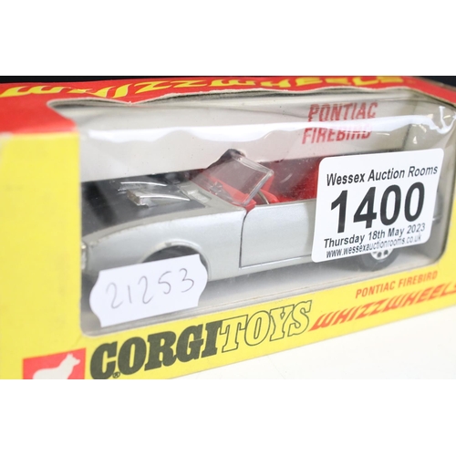 1400 - Boxed Corgi Whizzwheels 343 Pontiac Firebird diecast model 7in silver with black, red interior, mini... 