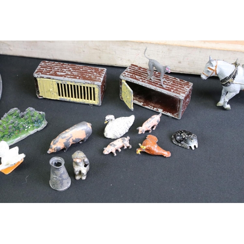 160A - Collection of play worn Britains metal farm animal figures and accessories plus 2 x wooden farmyards... 