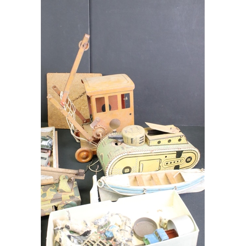 239 - Eight Mid 20th C tinplate, diecast and wooden models to include a Marx clockwork tinplate tank, tinp... 