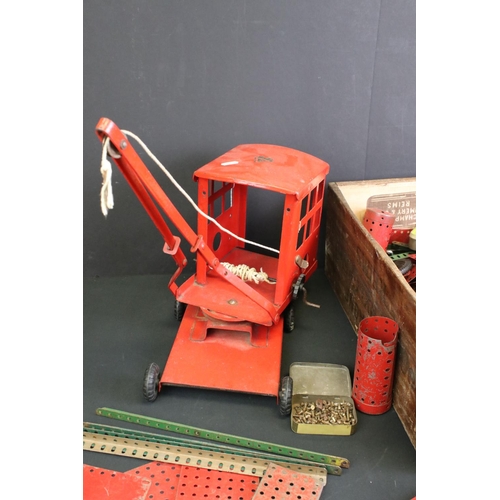 252 - Mid 20th C Triang tin plate crane in red (Triang transfer logo to roof of cab), together with a quan... 