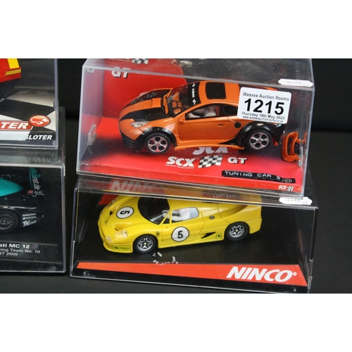 1215 - Six cased slot car models to include Ninco Ferrari F50, ProSlot Porsche 911 GT 3 Supercup (cracked c... 