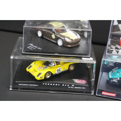 1215 - Six cased slot car models to include Ninco Ferrari F50, ProSlot Porsche 911 GT 3 Supercup (cracked c... 