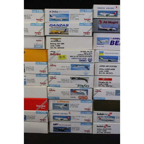 1217 - 70 Boxed Herpa 1/500 diecast models of commercial planes to include AeroMexico, Hawaiian Airlines, L... 