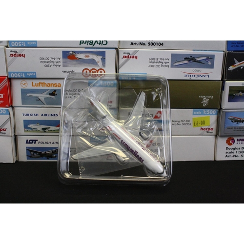 1217 - 70 Boxed Herpa 1/500 diecast models of commercial planes to include AeroMexico, Hawaiian Airlines, L... 