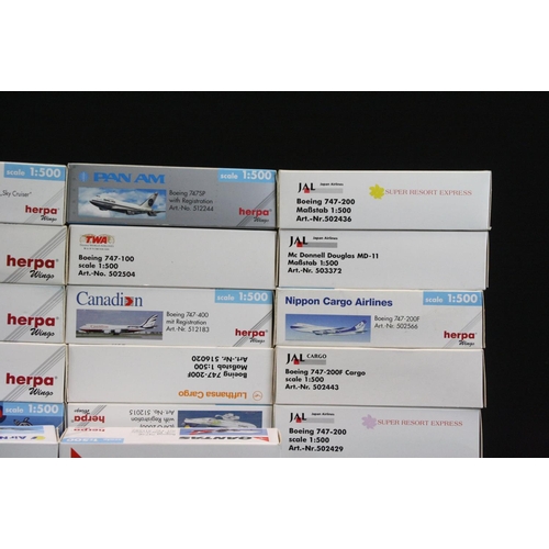 1218 - 34 Boxed Herpa 1/500 diecast models of commercial planes to include Japan Airlines, United Airlines,... 