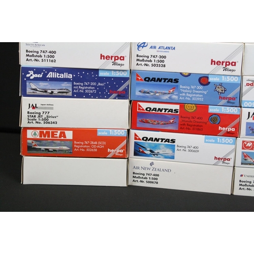 1218 - 34 Boxed Herpa 1/500 diecast models of commercial planes to include Japan Airlines, United Airlines,... 