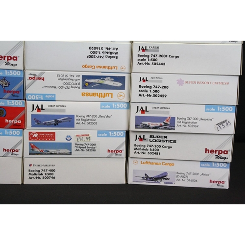 1218 - 34 Boxed Herpa 1/500 diecast models of commercial planes to include Japan Airlines, United Airlines,... 