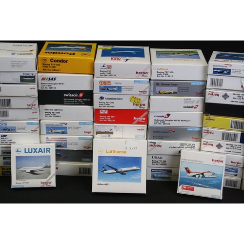 1219 - Over 85 boxed Herpa 1/500 diecast commercial plane models to include Southwest Airlines, Condor, Luf... 