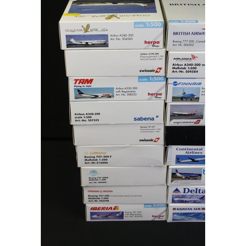 1220 - 36 Boxed Herpa 1/500 diecast commercial plane models to include Iberia, Sabena, TAM, Canada 3000, Ai... 