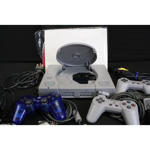 373 - Retro Gaming - PlayStation 1 / PS1 games console with two Playstation controllers, memory card and c... 