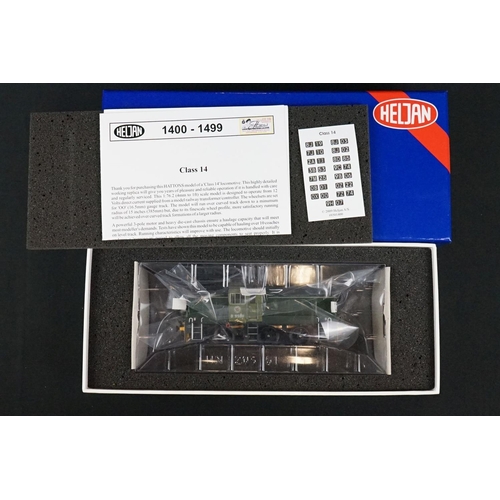 36 - Two boxed Heljan OO gauge locomotives to include Class 14 1400 D9500 BR green and 3317 3302 Grey