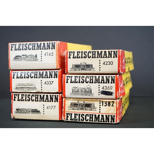 89 - Six boxed Fleischmann HO gauge locomotives to include 4145, 1382, 4230, 4369, 4337 & 4177, tatty box... 