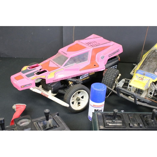 275 - Three 1/10 scale electric R/C remote control cars to include a Kyosho 3084 kit-built Cosmo Off-Road ... 