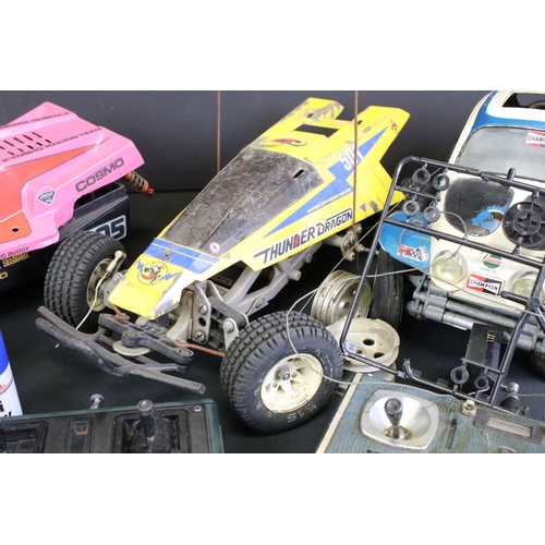 275 - Three 1/10 scale electric R/C remote control cars to include a Kyosho 3084 kit-built Cosmo Off-Road ... 