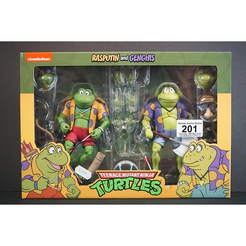 201 - Two boxed Neca Teenage Mutant Ninja Turtles TMNT figure sets to include Rasputin and Genghis and Tra... 