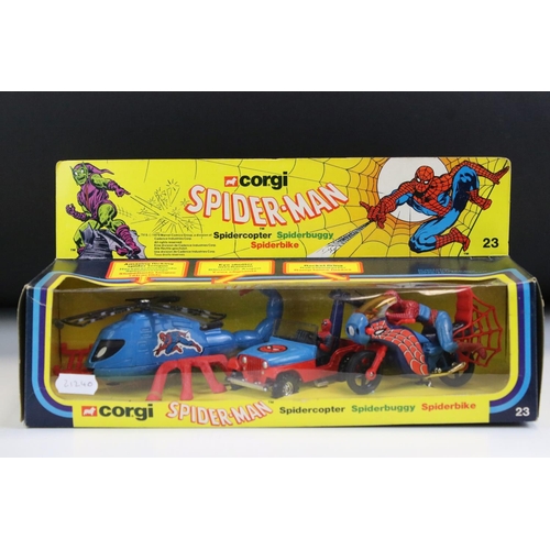 1387 - Boxed Corgi 23 Spiderman diecast model set complete with Spidercopter, Spiderbuggy and Spiderbike, d... 