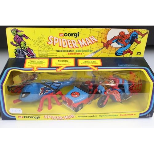 1387 - Boxed Corgi 23 Spiderman diecast model set complete with Spidercopter, Spiderbuggy and Spiderbike, d... 