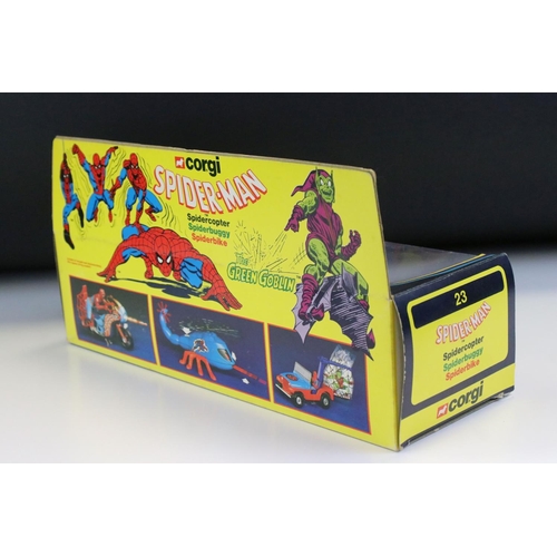 1387 - Boxed Corgi 23 Spiderman diecast model set complete with Spidercopter, Spiderbuggy and Spiderbike, d... 