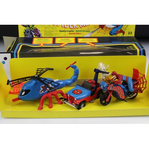 1387 - Boxed Corgi 23 Spiderman diecast model set complete with Spidercopter, Spiderbuggy and Spiderbike, d... 