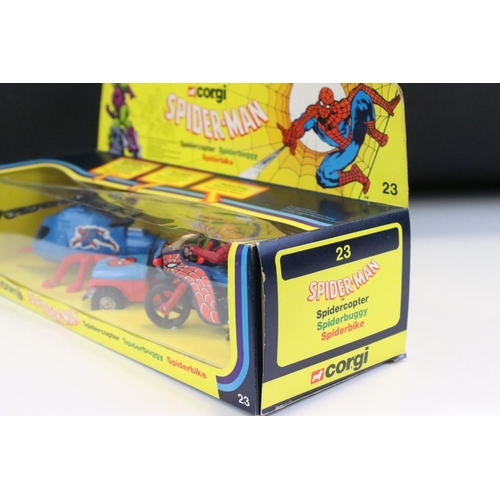 1387 - Boxed Corgi 23 Spiderman diecast model set complete with Spidercopter, Spiderbuggy and Spiderbike, d... 