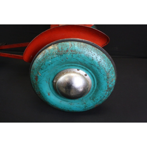 229 - Original metal Triang Major Tractor pedal car in red/orange with blue/turquoise wheels, rusty