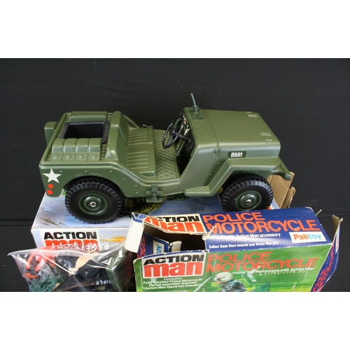 345 - Action Man - Quantity of Palitoy Action Man to include boxed Police Motorcycle, boxed Armoured Jeep,... 