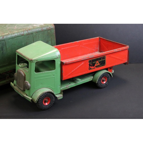 290 - Three Triang tin plate models to include Triang Transport tipper truck with green cab & chassis, and... 