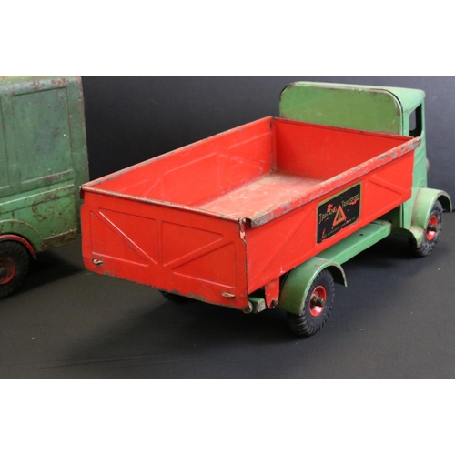 290 - Three Triang tin plate models to include Triang Transport tipper truck with green cab & chassis, and... 