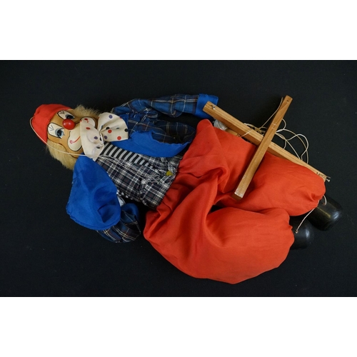 436 - Boxed Pelham Puppet A2 Horse in gd condition with gd strings plus a vintage wooden puppet of a clown... 