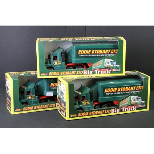 1210 - Two boxed Impact International Eddie Stobart 1:18 R/C Scania Trucks, together with 3 x Brio Eddie St... 