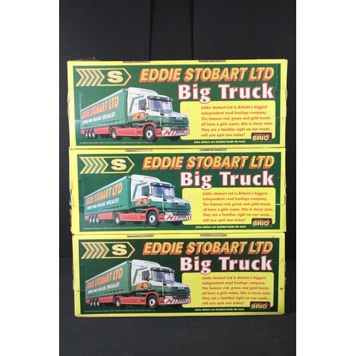 1210 - Two boxed Impact International Eddie Stobart 1:18 R/C Scania Trucks, together with 3 x Brio Eddie St... 