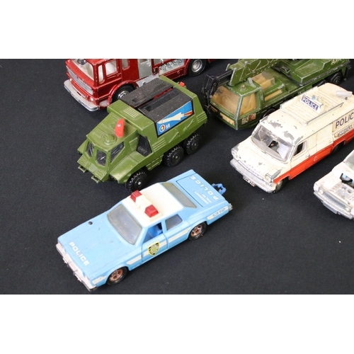 1274 - Around 25 mid 20th C play worn emergency service and space vehicles to include Matchbox, Corgi and D... 