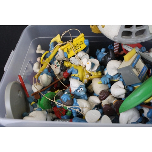 399 - Around 70 original Schleich Smurfs figures plus accessories and a group of flatpacked boxes and 5 x ... 