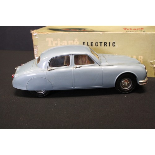 316A - Boxed Triang Battery-operated 2.4 Litre Jaguar, in blue, 1/20 scale (shows play wear; missing steeri... 