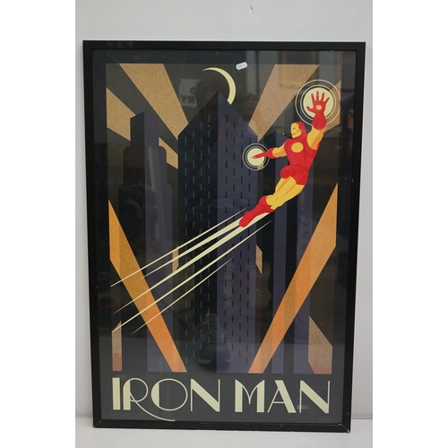 438 - Two Art Deco style Spiderman and Iron Man posters, 89 x 60cm, framed and glazed