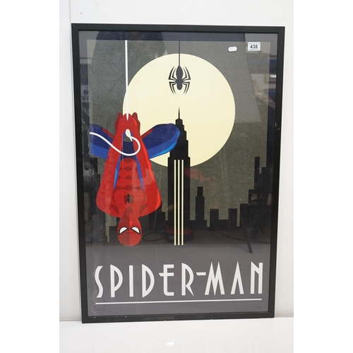 438 - Two Art Deco style Spiderman and Iron Man posters, 89 x 60cm, framed and glazed