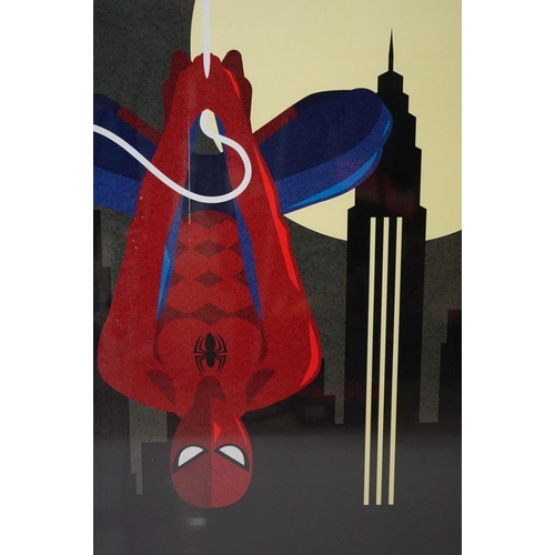 438 - Two Art Deco style Spiderman and Iron Man posters, 89 x 60cm, framed and glazed