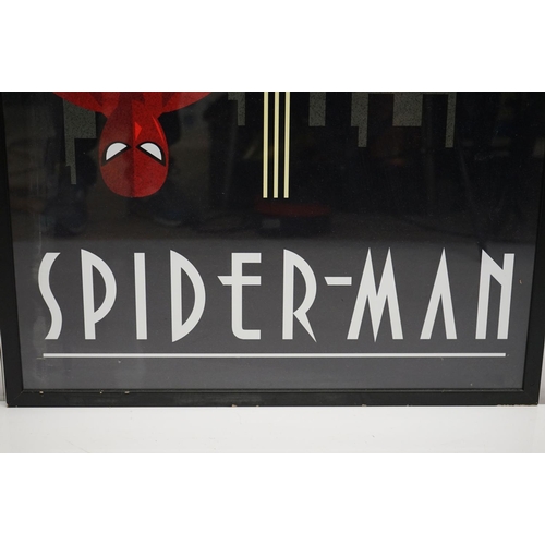 438 - Two Art Deco style Spiderman and Iron Man posters, 89 x 60cm, framed and glazed