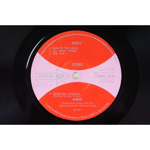 52 - Vinyl - 3 Budgie UK pressing albums to include: Budgie (UK first press with red / pink labels) VG / ... 