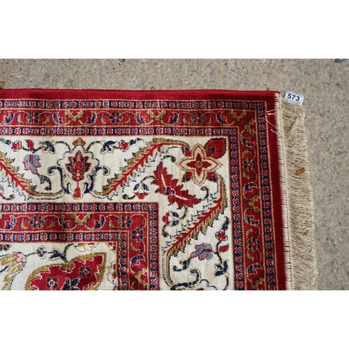 636 - Red Ground Full Pile Cashmere Carpet with medallion design, 300cmm x 200cm